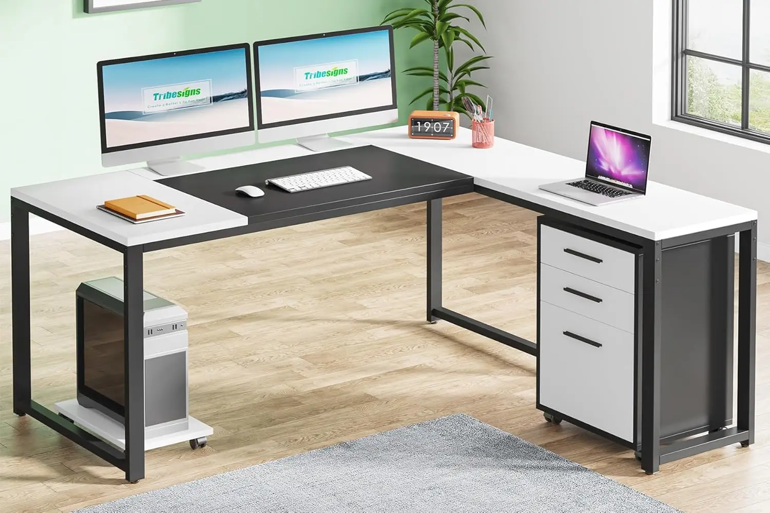 

Tribesigns 63" L-Shaped Computer Desk with Mobile File Cabinet, Large Executive Office Desk with 3Drawer Vertical Filing Cabinet