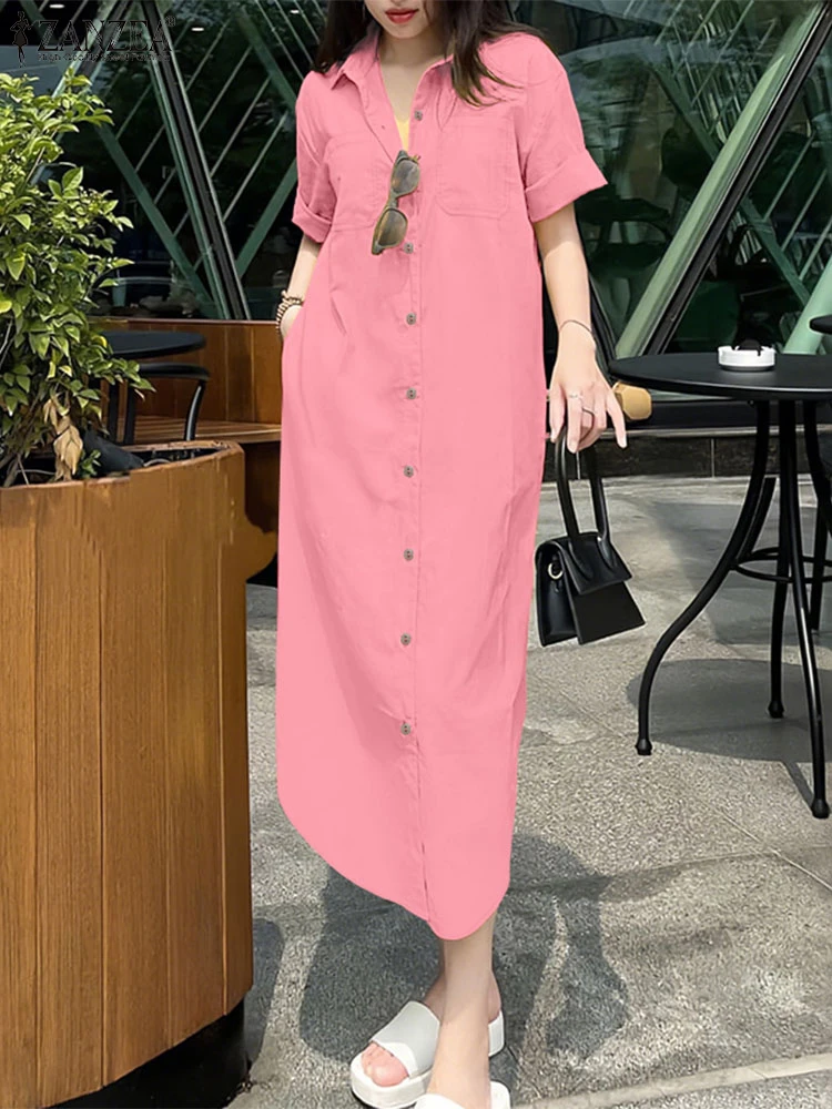 Zanzea feminino lapela pescoço manga curta camisa vestido 2025 vestido de verão elegante sólido trabalho ol vestidos casuais baggy férias vestido de verão