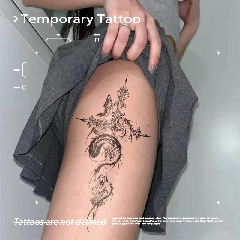 Ornate Gothic Cross Wrapped Dragon Herbal Juice Tattoo Sticker Waterproof Fake Body Tattoo Unisex Thigh Dark Punk Body Art Decal
