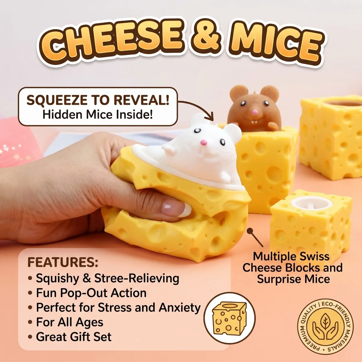 Cheese Block Mouse Squeeze Toy Pop Up Rat Stress Relief Ball Soft Sensory Fidget Decompression Pinch Gifts for Kids Adults