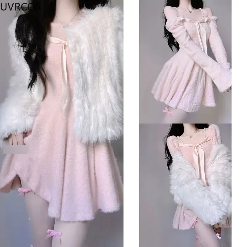 Sweet Lolita Style 2 Piece Dress Set Women White Plush Coat Kawaii Bow Knitted Sweater Skirts Suit Female Korean Fashion Outfits