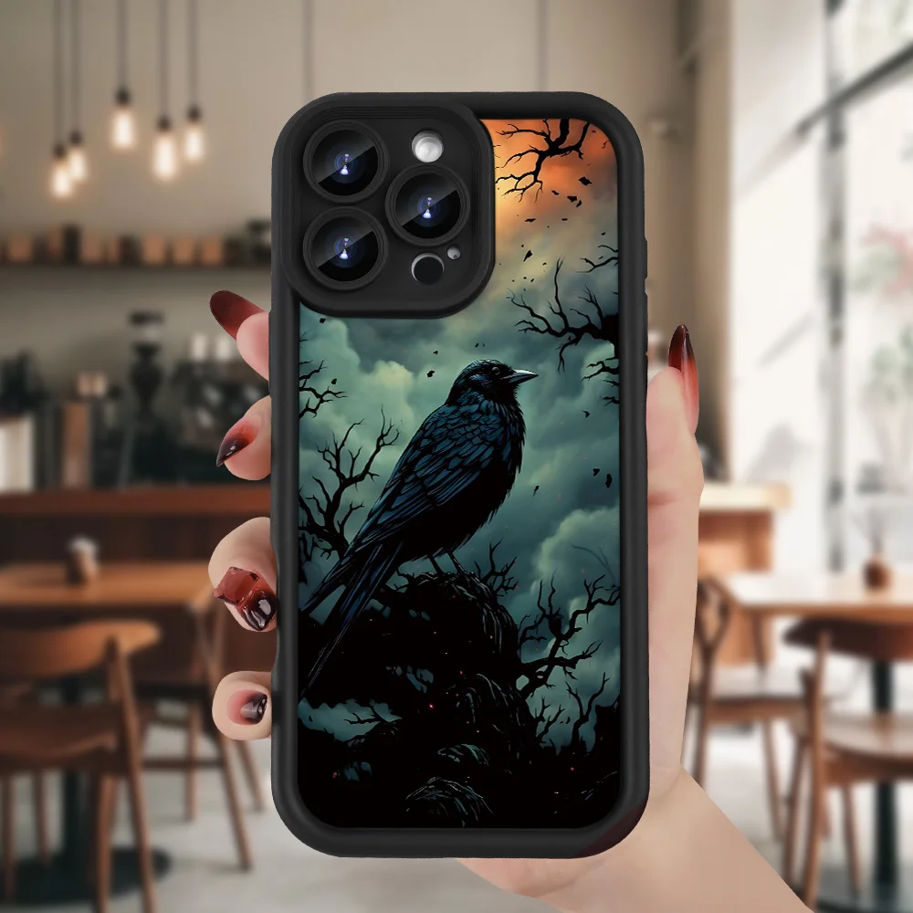 

Black crow phone case for iPhone 17 16 15 14 13 12 11 Pro/ Max/Plus shock-proof rear cover anti-fingerprint