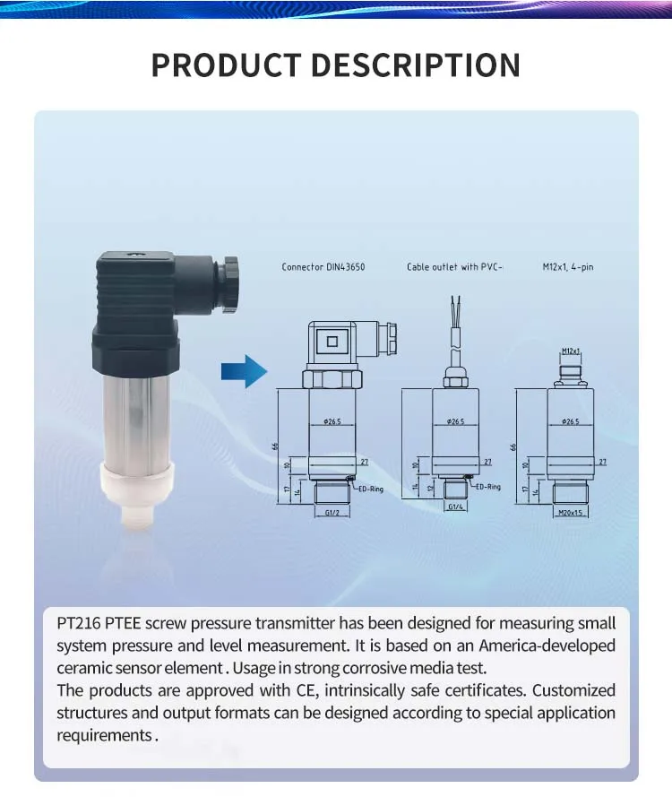 Ceramic Sensor Element PTEF Screw Pressure Transmitter for Chemical Industry and Aggressive Media