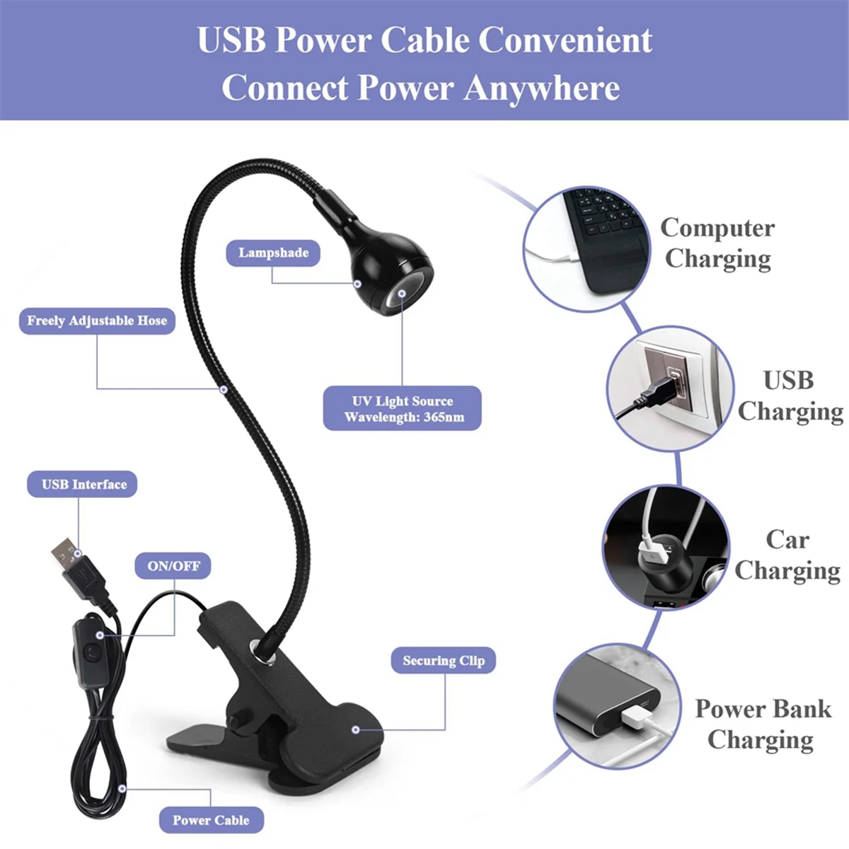 AT17 UV LED 네일 램프 - 미니 LED 네일 램프 젤 X 램프(손톱용 고정 클립 포함) 회전식 LED 조명, 블랙