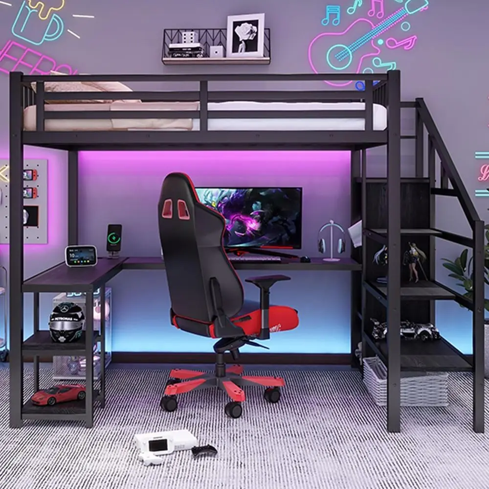 

Heavy-Duty Metal Full-Size Bed with Desk, Stairs, Wardrobe, Shelves, LED Lights, and USB Charging for Gaming, Suitable for Kids,