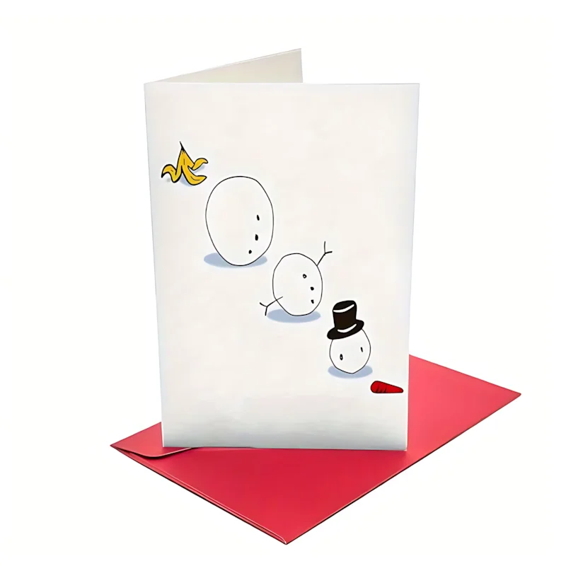 Funny Snowman Banana Peel Christmas Card Falling Snowman Simple Line Drawing Humorous Joke Xmas Greeting Card