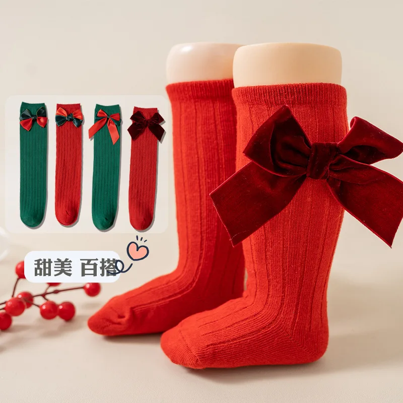 Christmas Children's Socks Girl's Mid Tube Socks Bow Lace Princess Style Baby Long Tube Socks Autumn and Winter Girls Red Green