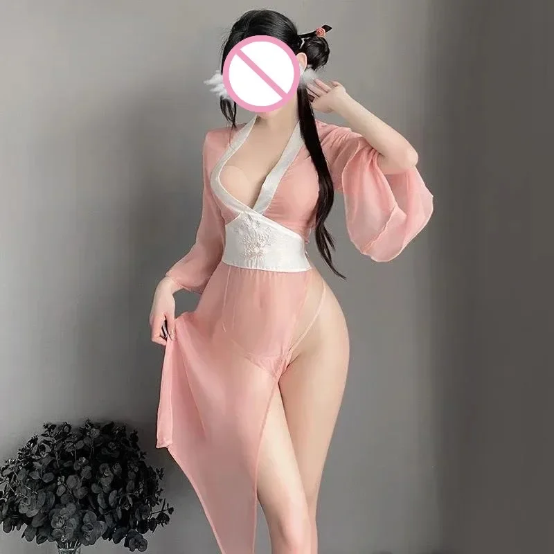 Vrouwen Sexy Lingerie Hanfu Jurk Kostuums Roze Diep V Doorzichtige Elegante Jurk Met Strings Set Chinese Antieke Stijl Kleding