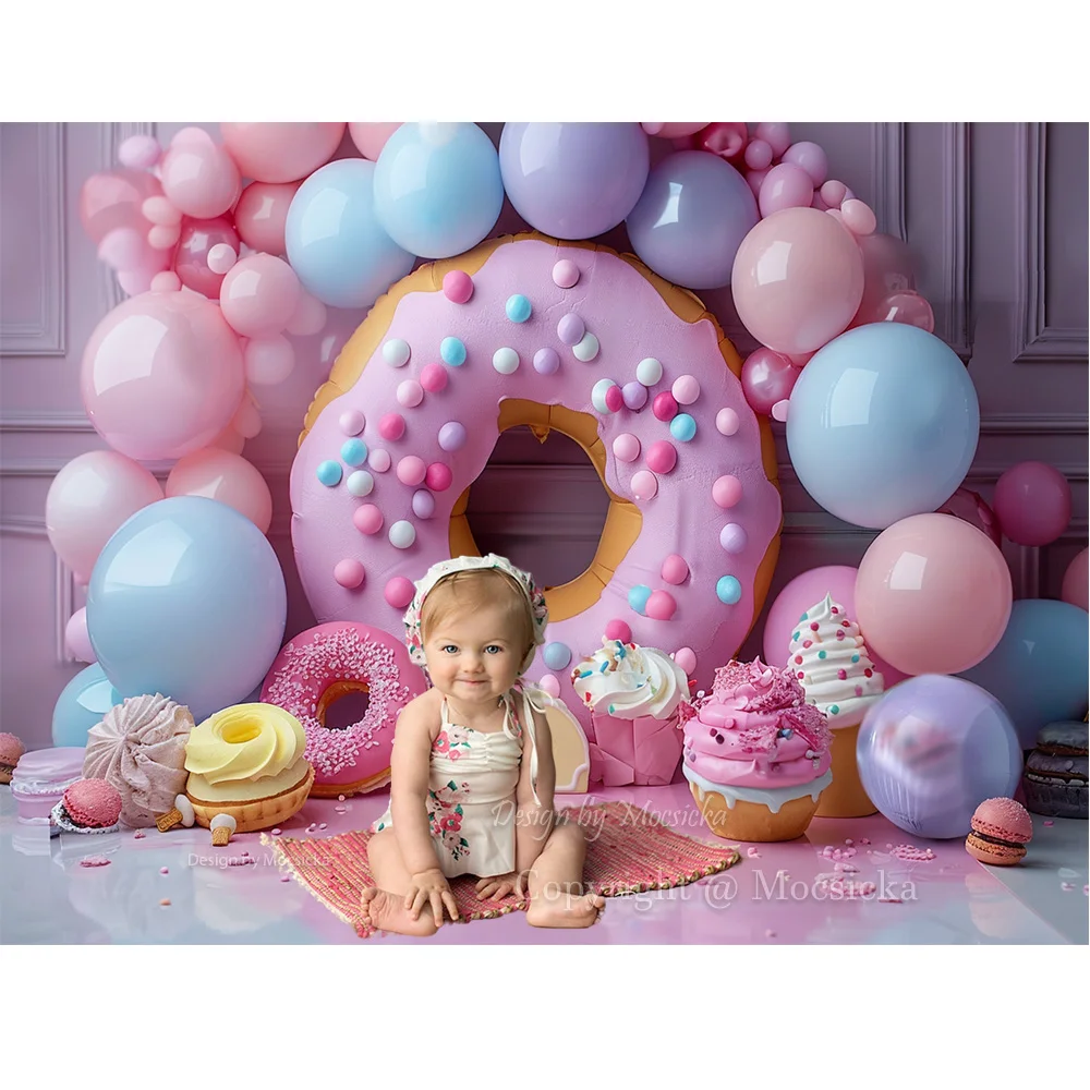 Photography Background Donut Girls Baby Show Backdrop Ice Cream Candy Grains Arch Balloon Decor Newborn Girl Cake Smash Photo