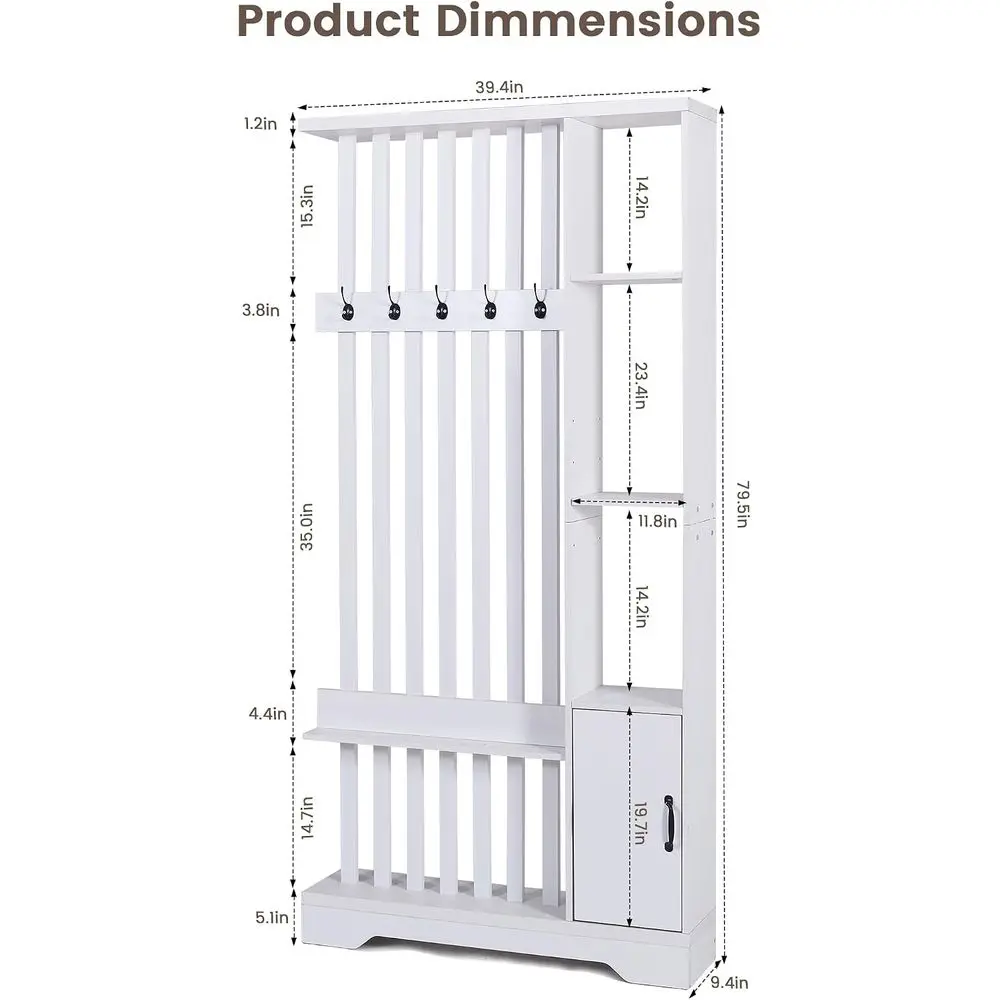 White Wooden Room Divider with Storage Shelves, Coat Rack, and Display for Home Office Decor