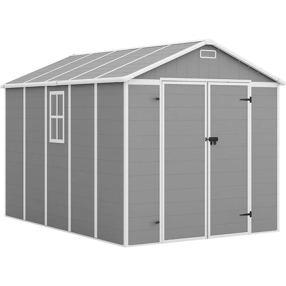 

Наружный сарай из смолы 10x8 с напольными, запираемыми дверцами, окном и вентиляционными отверстиями — серый и белый