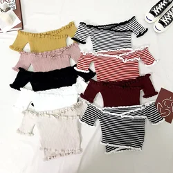 Sexy T-Shirts Off The Shoulder Top Cute Pink Women Slash Neck Kawaii Crop Top Baby Tees Y2k Summer Clothes Korean Sweet Emo Tops