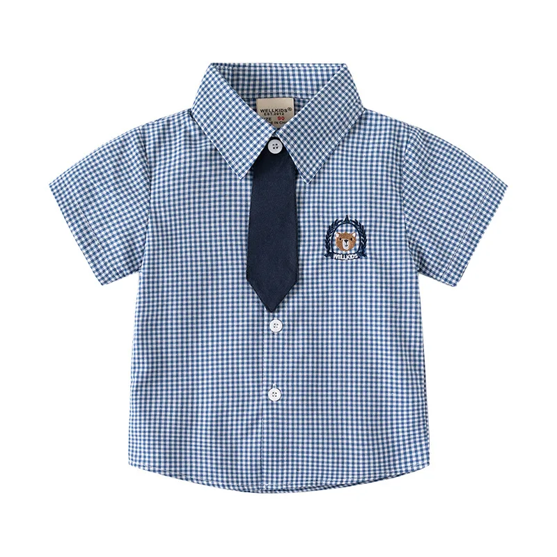 

2024 Summer Boys Fashion Short Sleeves Shirt Korean Version Style Baby Tie Embroidered Shirt 2-6Years Kids Turn-down Collar Top