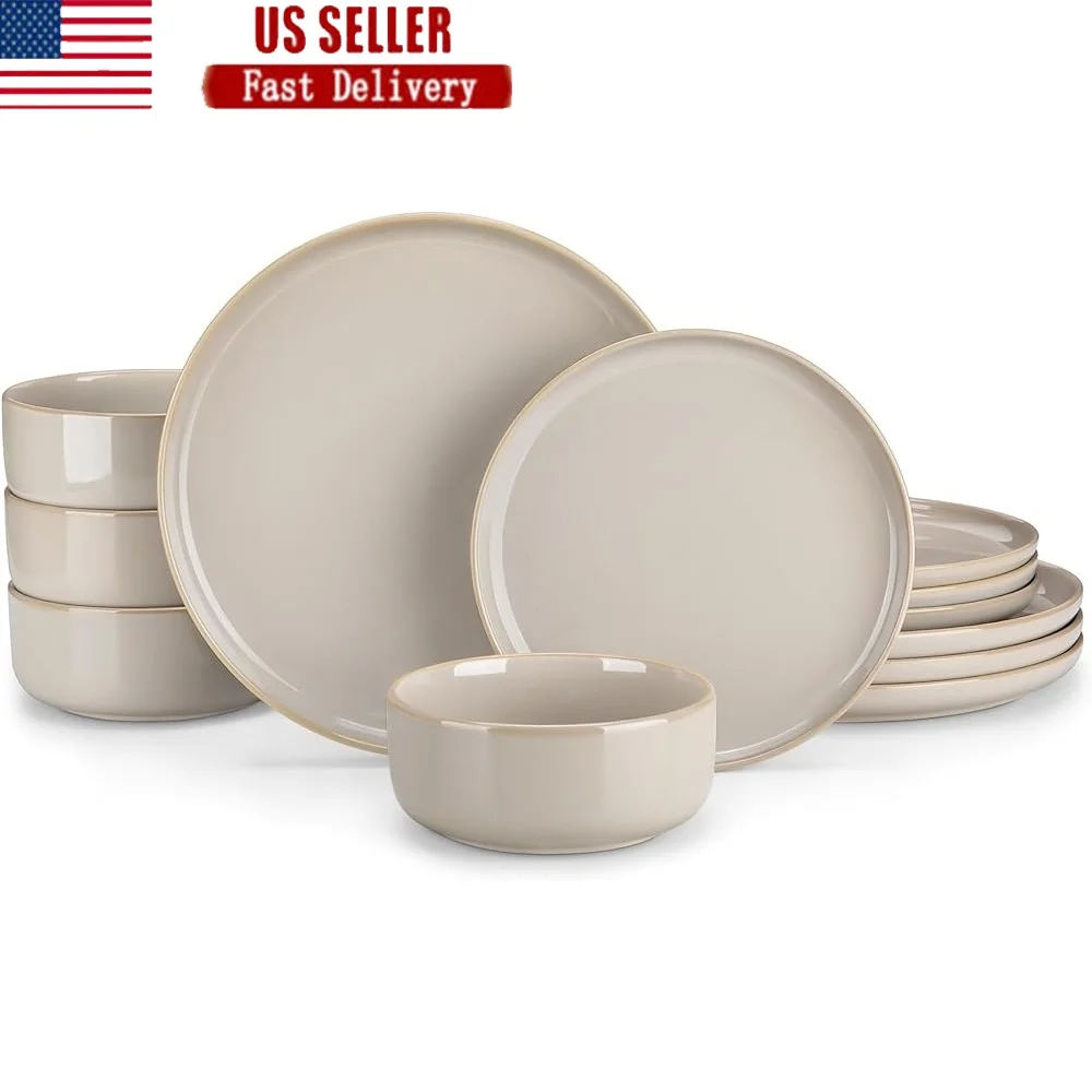 

12 Pieces Grey Reactive Glaze Dinnerware Set Plates Bowls Dishwasher Microwave Safe Unique Patterns Durable Kitchen Dining