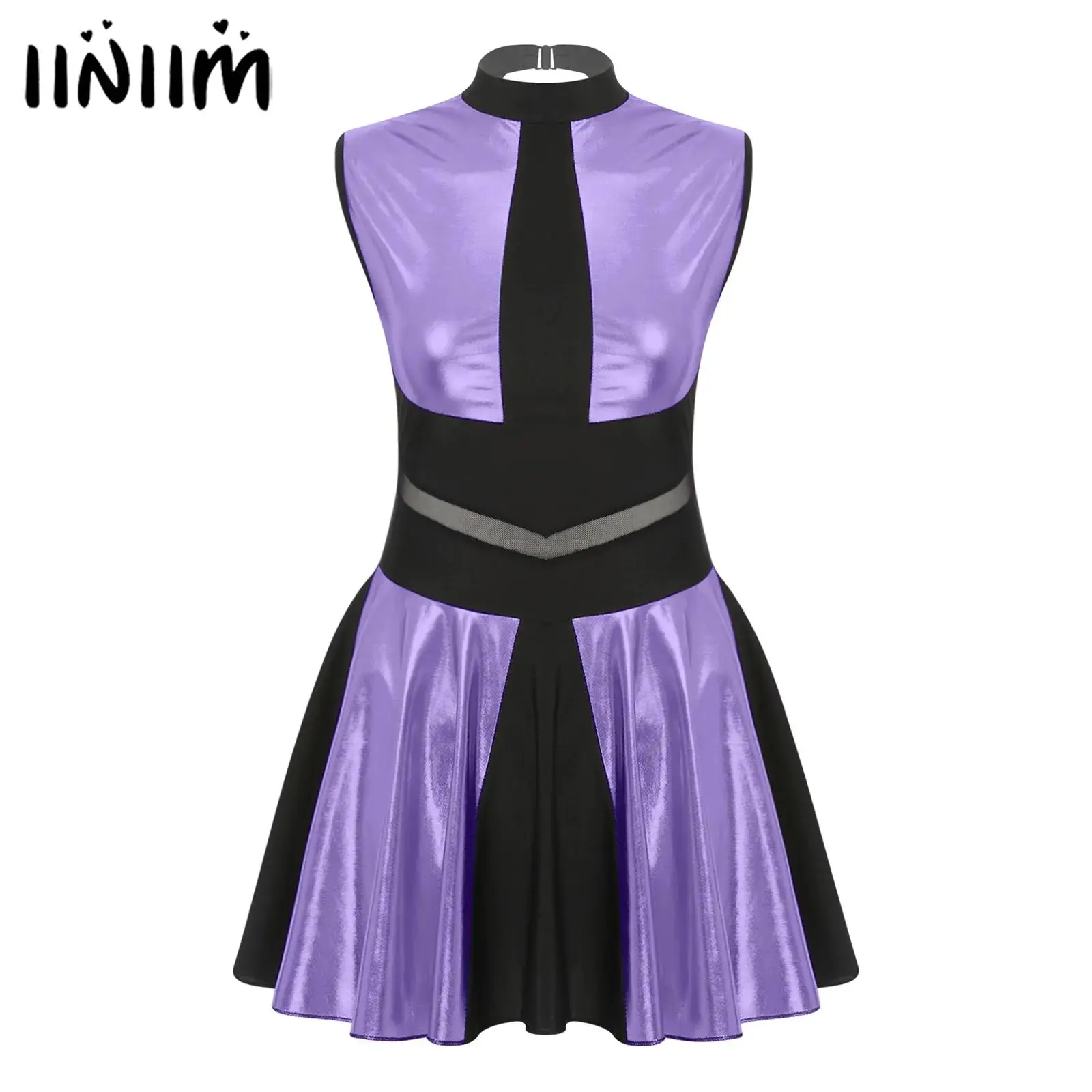 Womens Hollow Out Flared Pleated Hem Dress Metallic Shiny Ballet Modern Dance Dress Halloween Cosplay Cheerleading Costume