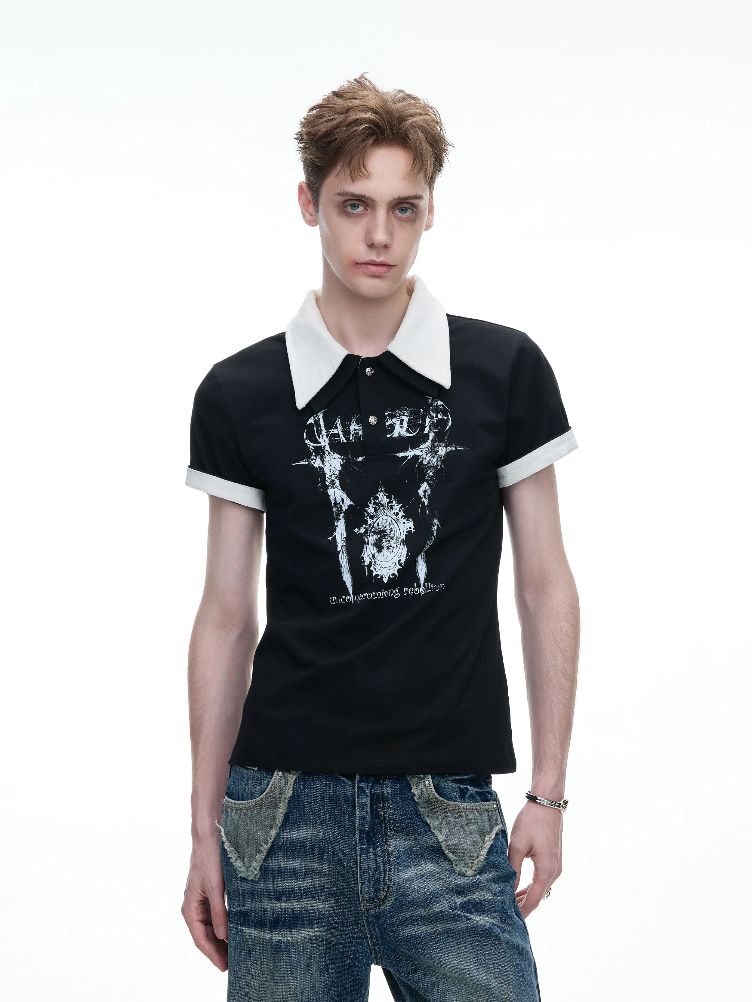 ArguE Color Block Print Double Layer Collar Short Sleeve  Shirt Men's Slim Fit T-Shirt Casual Style Cotton Breathable