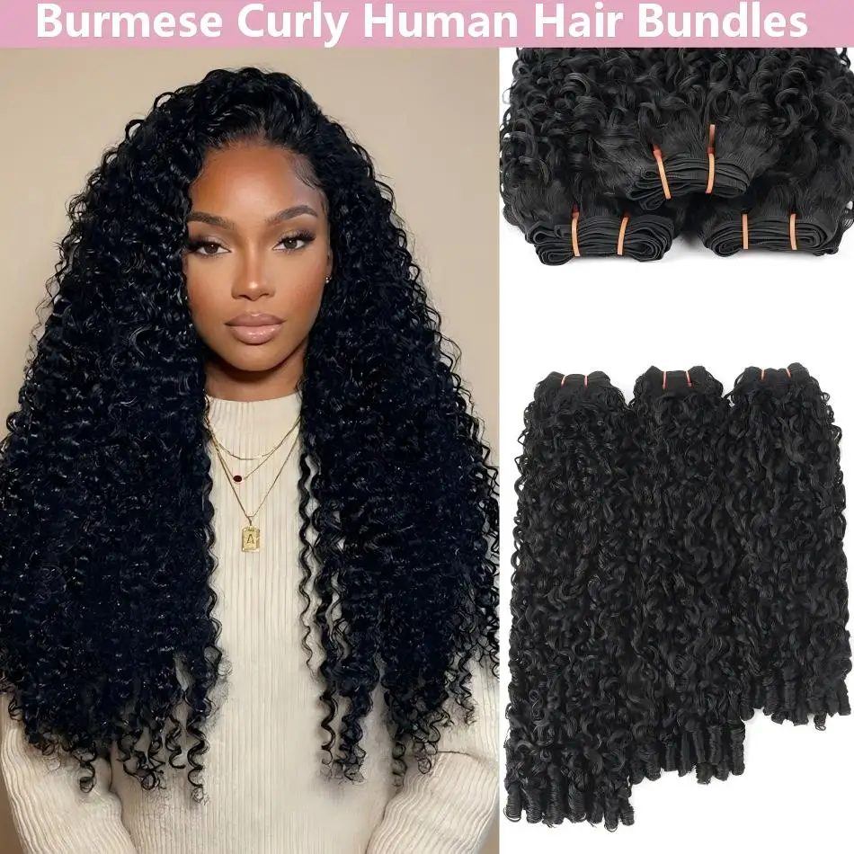 Burmese Curly Bundles Human Hair Real Raw Material Bundles 20 22 24 Inch Unprocessed Virgin Hair Weft Quick Weave Extensions For Black Women Natural Color No Tangle