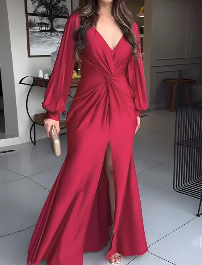 Sexy Dresses Women Deep V Split Sleeve Front Twist Slit Evening Dress Female Elegant Cinched Waist Zipper Back Party Dresses