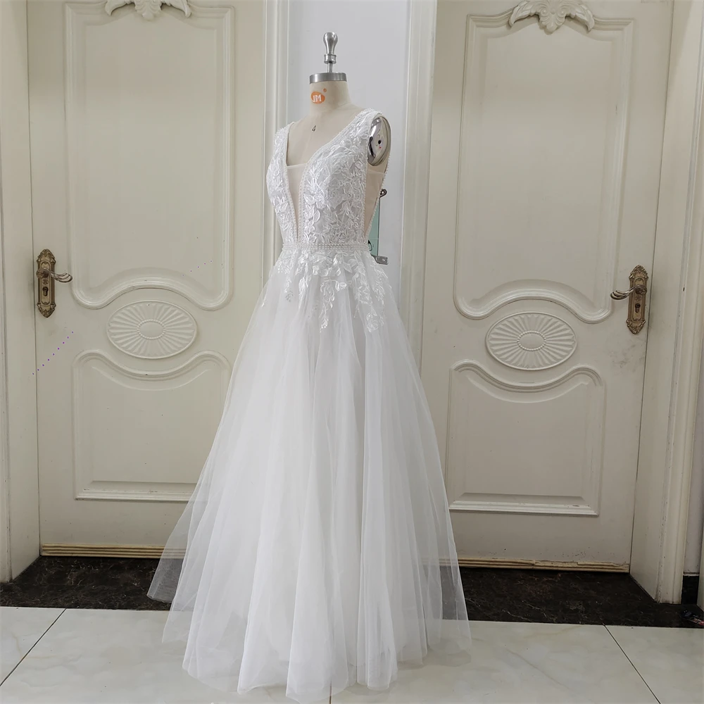 ZJ6053  Lace Appliques Pearls Tulle Wedding Dresses V-Neck Sleeveless Floor-Length Ruffled Bridal Dress Long Wedding Gowns