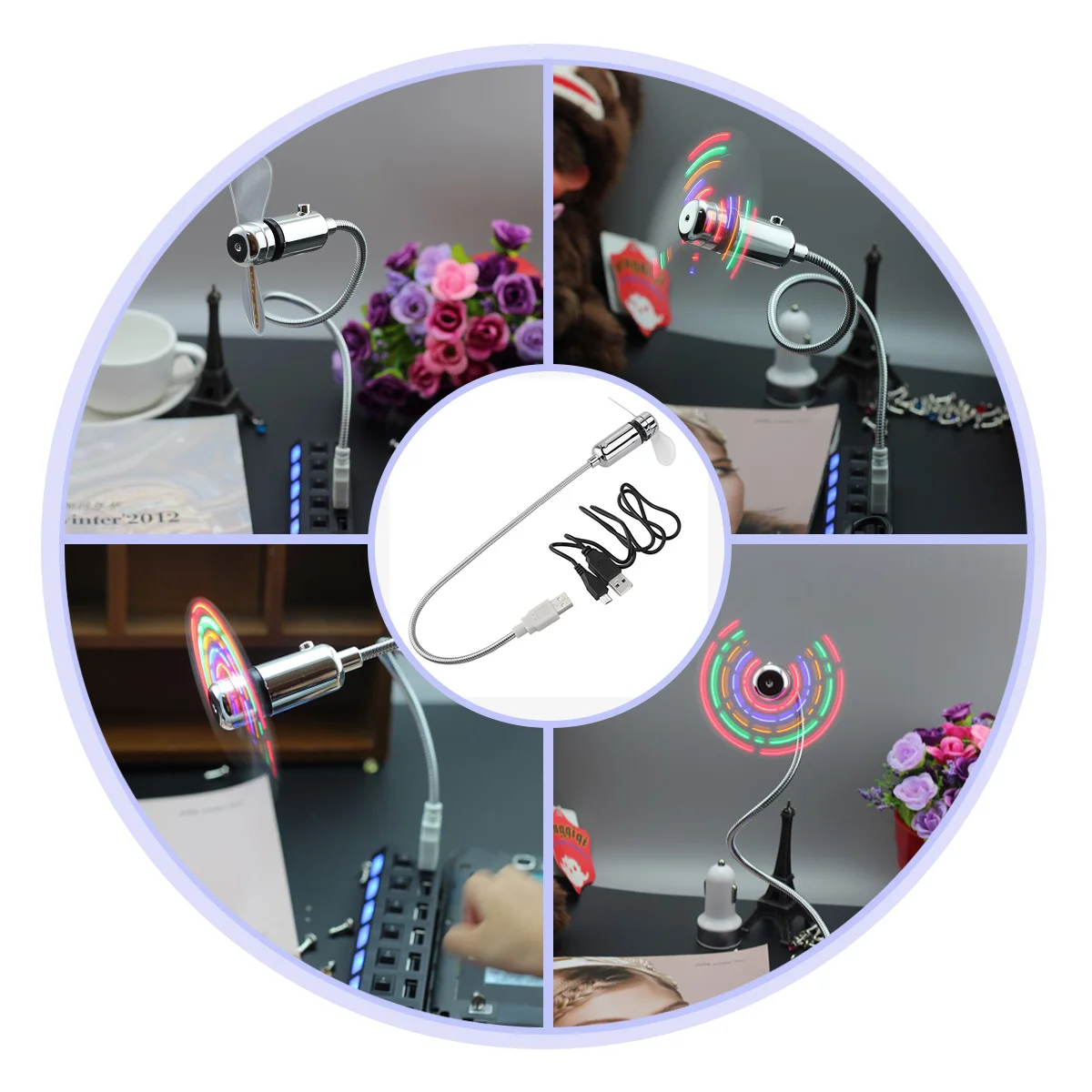 

Mini USB LED Cooling Fan 41Cm PVC Blades Flexible Metal Neck Programmable Message Display Text English