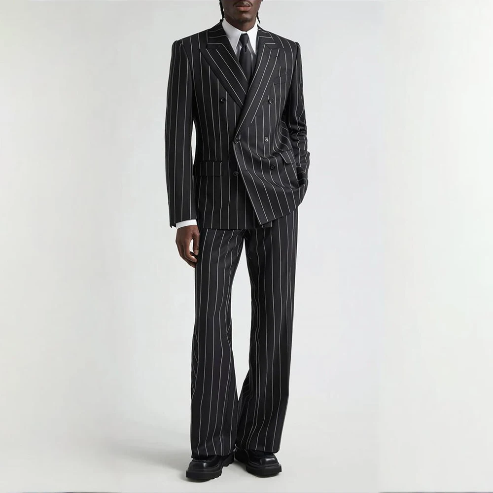

Мужской брючный костюм в черную полоску, комплект из 2 предметов, костюм обычного кроя, двубортный пиджак, мужской костюм, офисный свадебный наряд, индивидуальный заказ