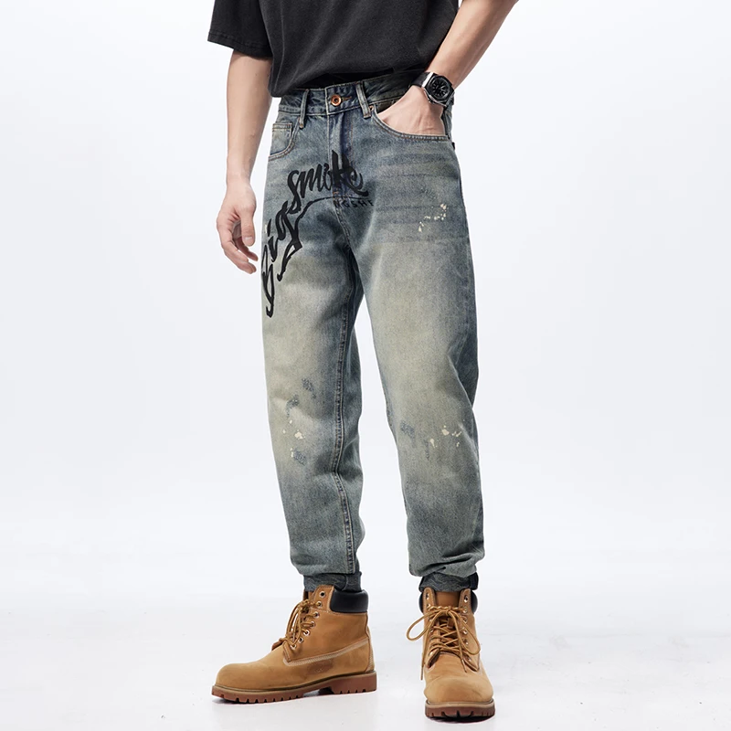 Vintage heavy personalized letter print washed men's jeans loose small straight American high street pants men's models