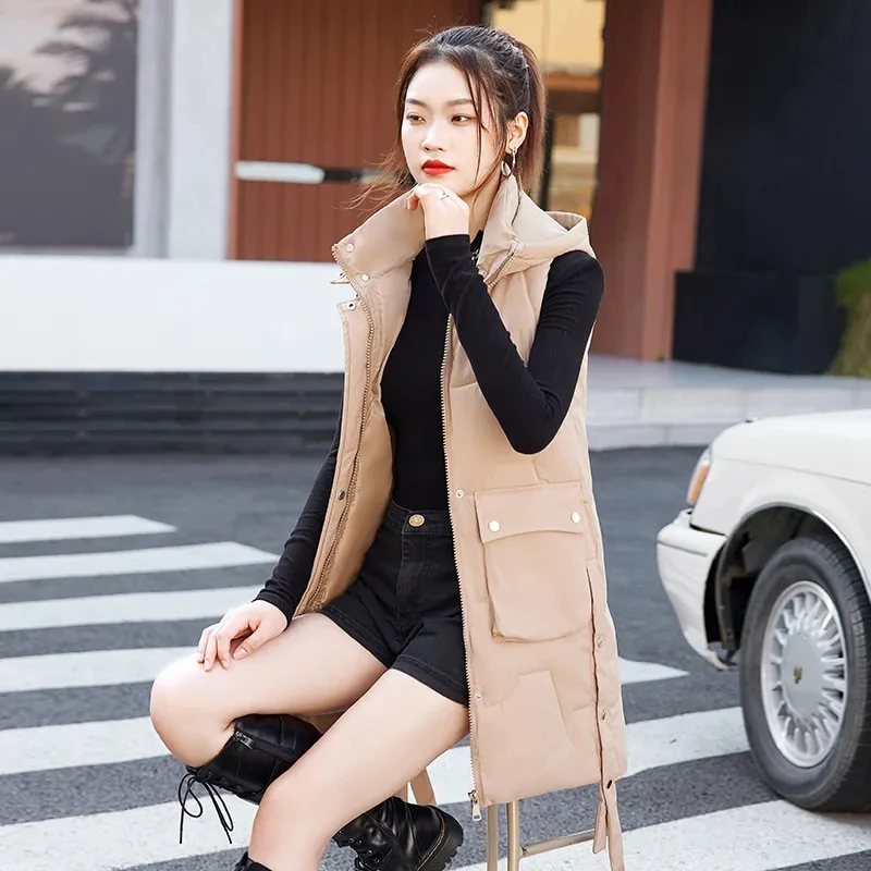 

New Chic Down Cotton Vests Women's Outwear 2024 Autumn Winter Mid-Length Loose Thicken Warm Hooded Vest Waistcoat Outer Wear