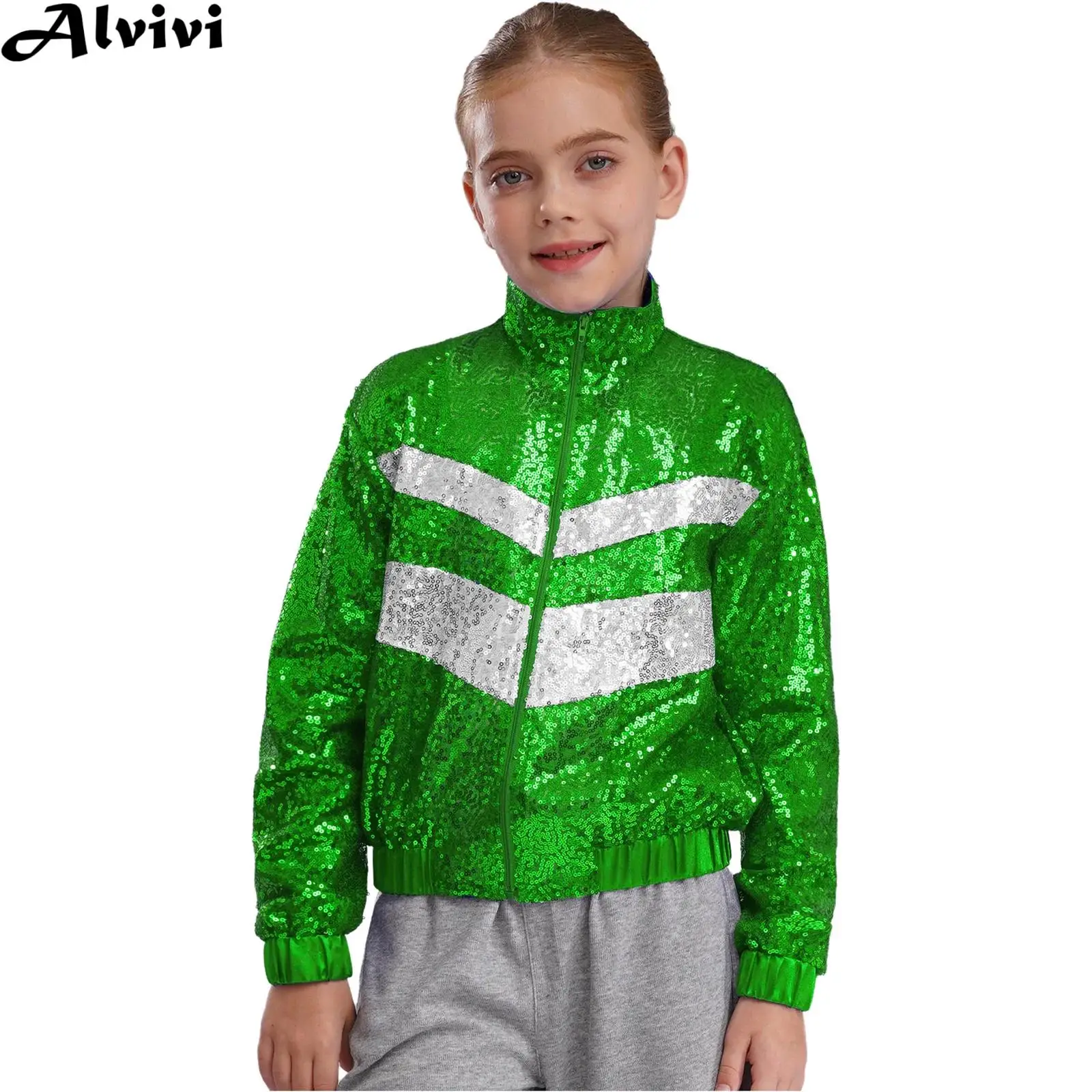 Kids Girls Long Sleeve Sequins Baseball Jacket Coat School Party Hip Hop Jazz Street Dance Stage Performance Costume Sportswear