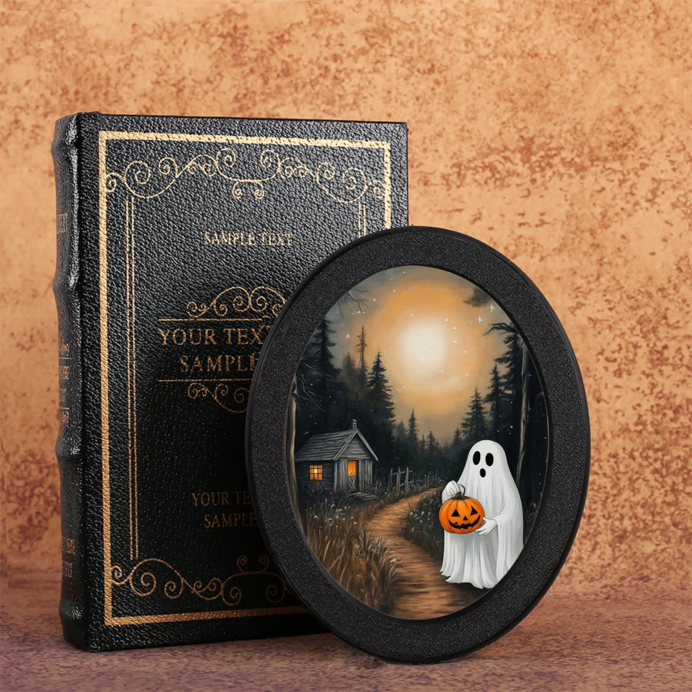 إطار صورة بيضاوي أسود عبر الحدود مع رسم توضيحي لفانوس اليقطين يحمل الأشباح، مناسب لديكور الهالوين، إنشاء بلدي