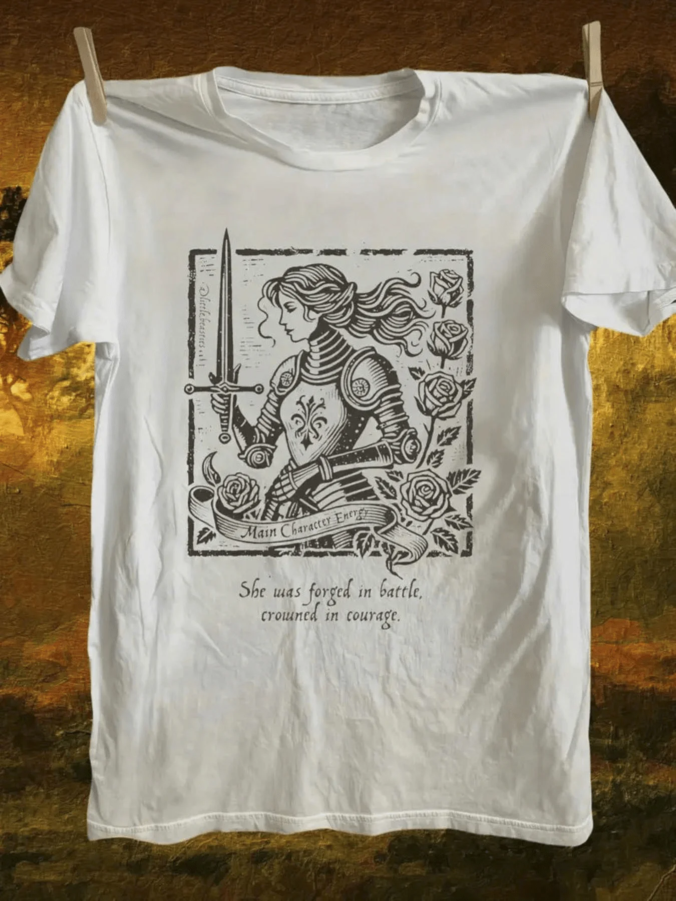 Men's Medieval T-Shirt Cotton Soft Breathable White Tee with Black Rose Print Sword Shield Design Forged in Battle Slogan