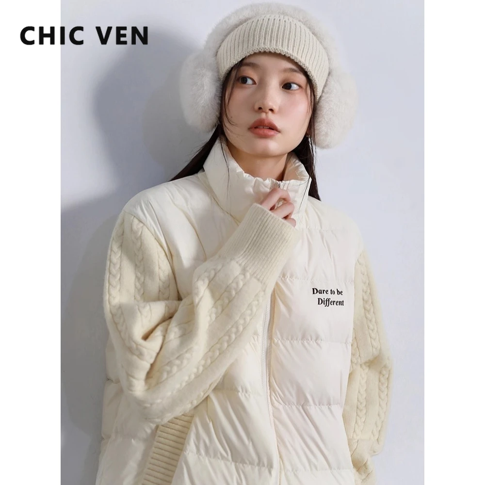 CHIC VEN Women Down Coats Loose Casual Stand Up Collar Spliced Down Jacket Windproof Warm Lightweight Autumn Winter 2025