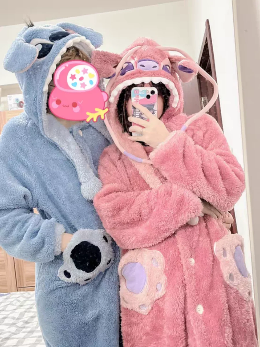 Disney Stitch Angel Hooded Pajamas Y2k Kawaii Coral Fleece Couple Home Clothes Set Women Winter Warm Plush Female Sleepwear Suit