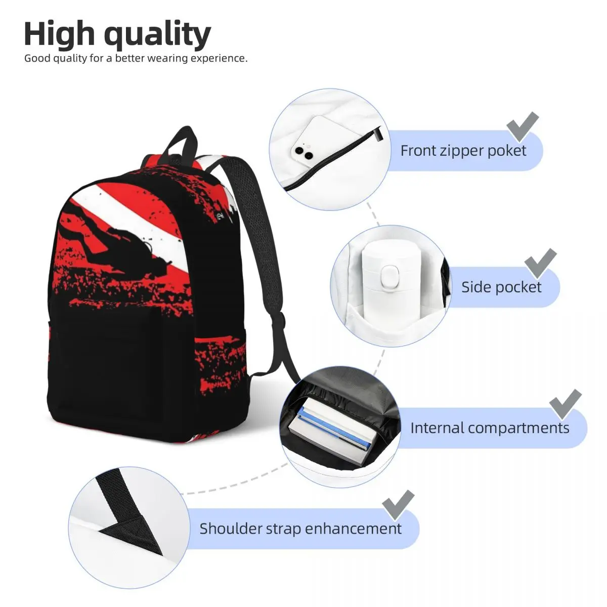 Dive Scuba Diver Student Backpack School Bag Hiking Travel Daypack for Boys Girls Bookbag Shoulder Bags