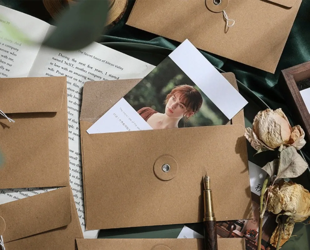 5pcs/set Retro Kraft Paper Envelope A5 Size Wallet Type Envelope with White Strap Material File Storage Bag Gift Office School