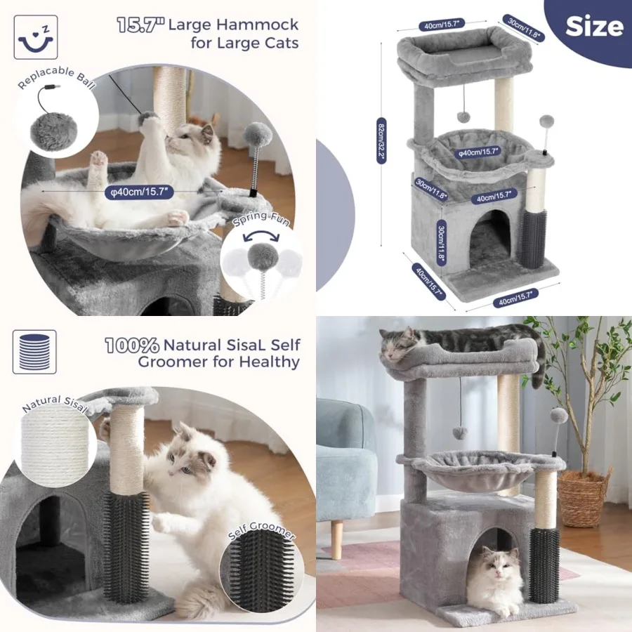

Cat Tree 32 Inch Small Cat Tower with Large Hammock Dia 15.7", Self Groomer, Fully Scratching Post, Removable Top Bed and Wide
