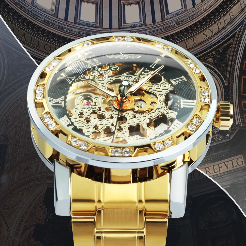 WINNER Classic Mens Mechanical Wristwatches Luminous Hands Retro Skeleton Hand Winding Watch for Men Stainless Steel Strap Clock