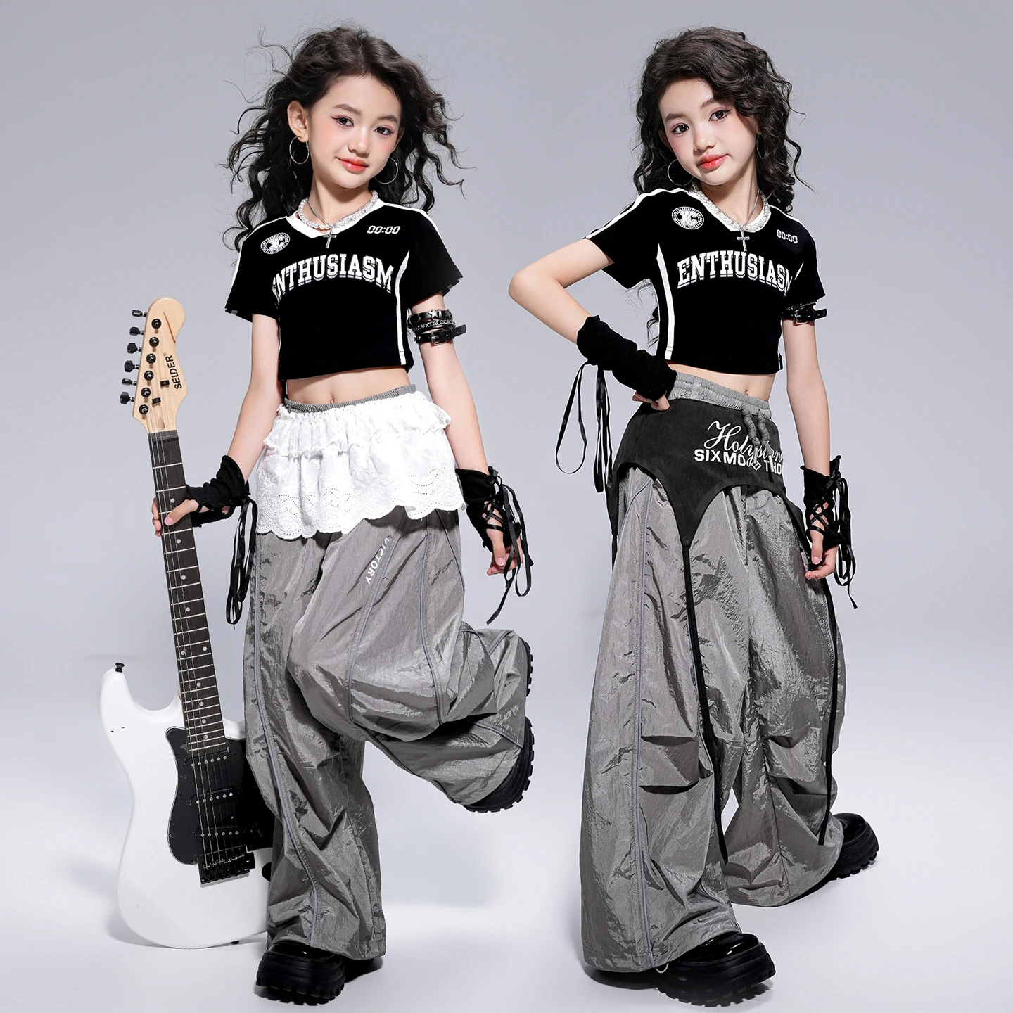 

Одежда K-pop для девочек, укороченный топ, футболка для бега, одежда в стиле хип-хоп, детские мешковатые штаны для джаза, детская уличная одежда, костюм для уличных танцев