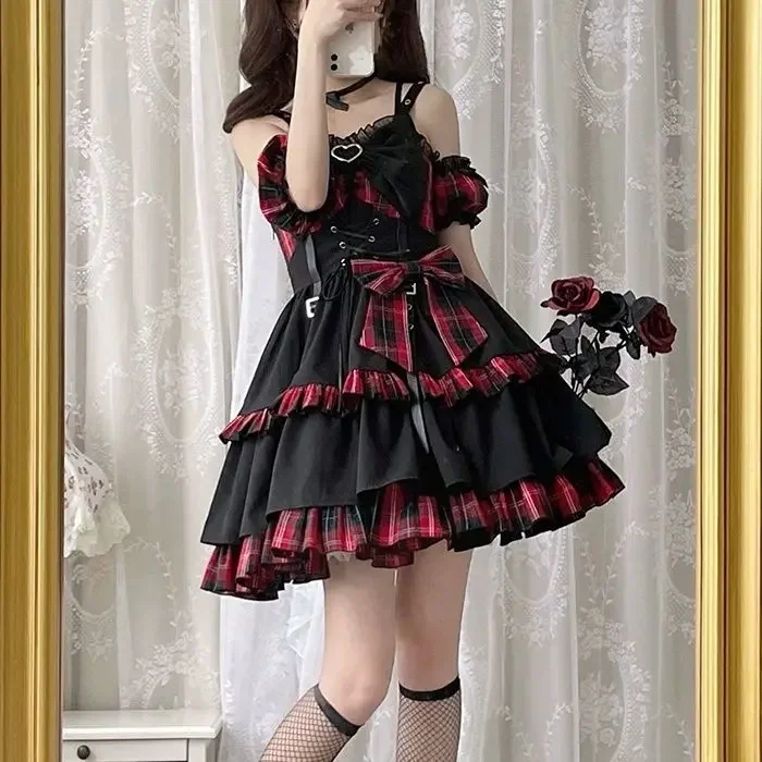 Vestido con tirantes de cintura a cuadros estilo Lolita Y2k Punk, novedad de verano 2021, vestidos Vintage elegantes y dulces a la moda para mujer