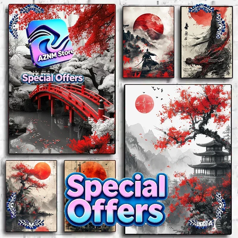 Samurai Warrior Red Moon Diamond Painting Japanese Natural Landscape Mountain Temple Posters Vintage Wall Art Prints Home Dec