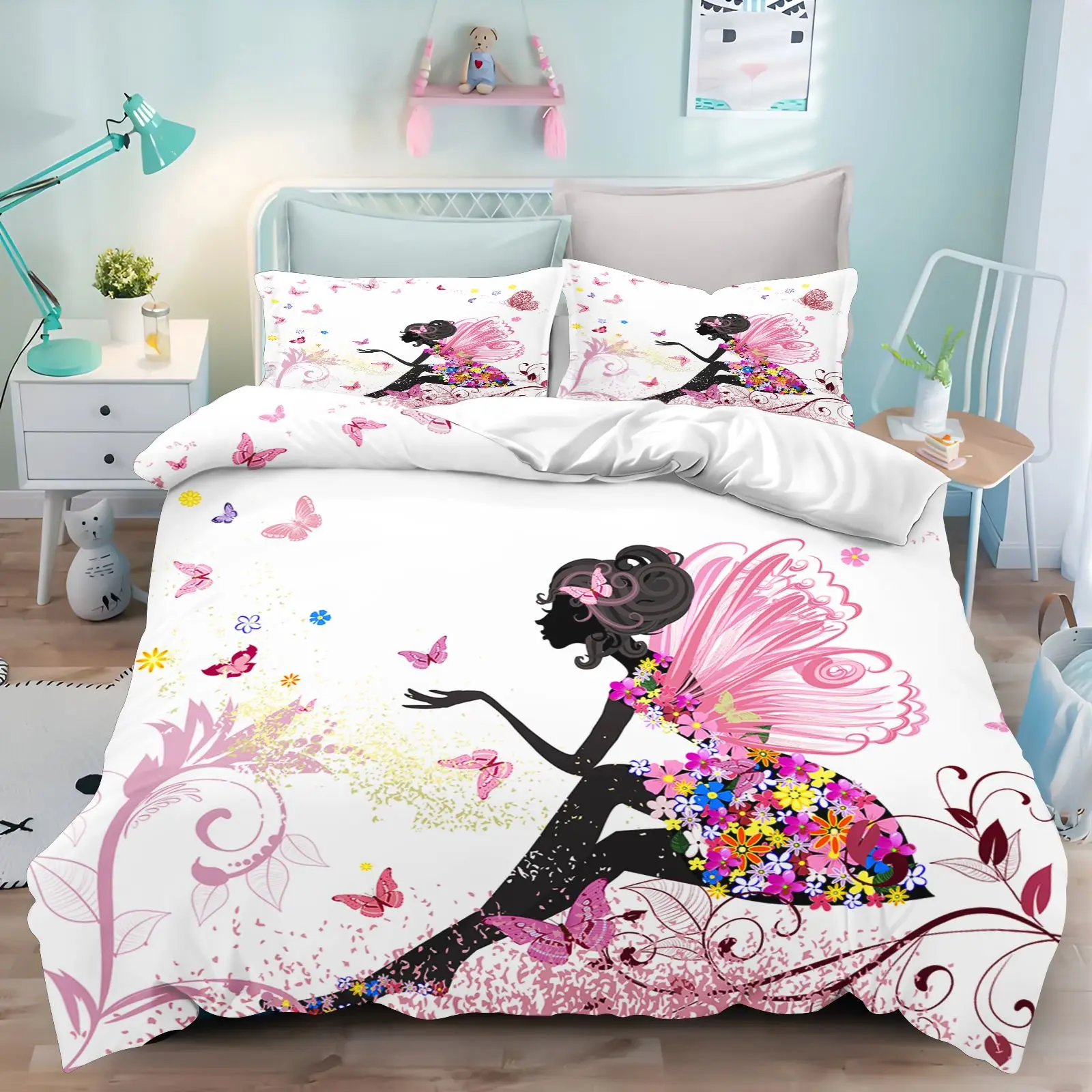 Floral Umbrella Girl Silhouette Butterfly Duvet Cover Set Romantic Pink Floral Print  Bedding  Shams For Girls Bedroom Decor