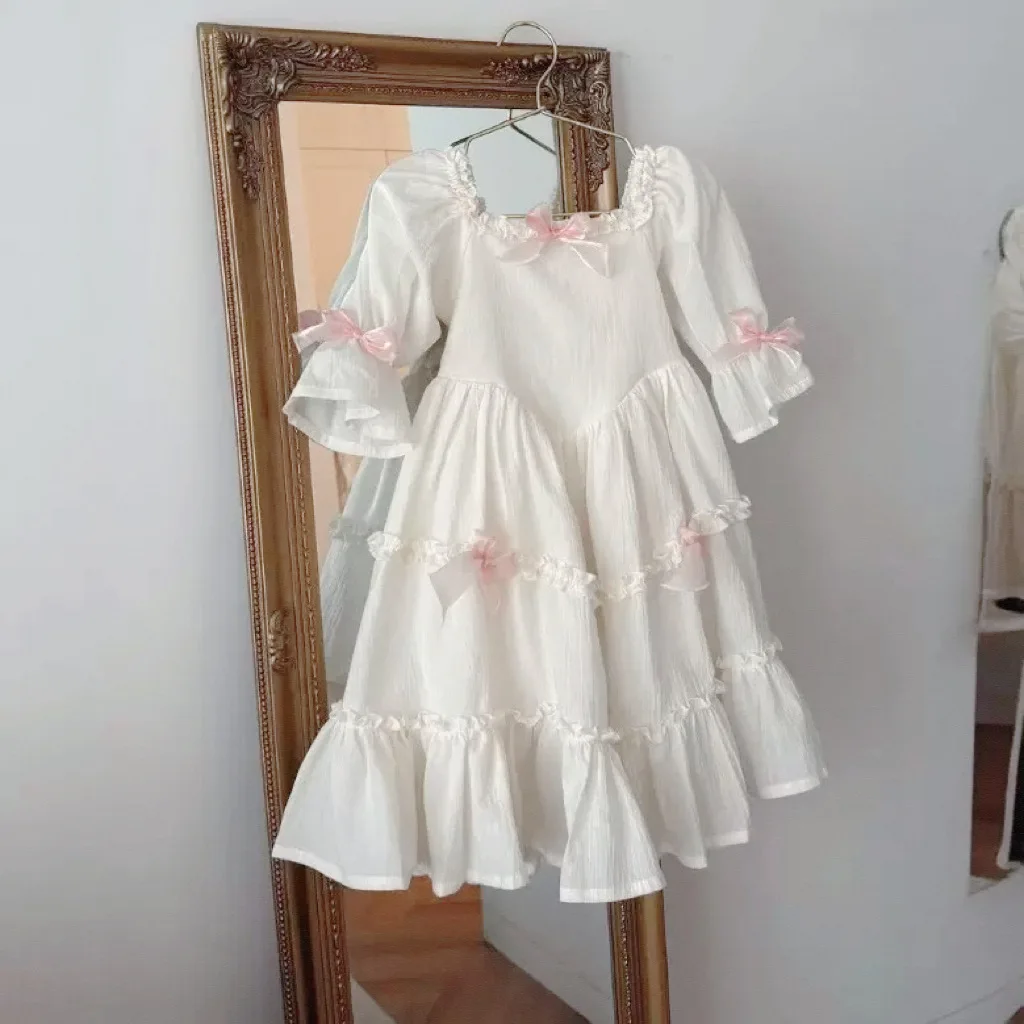 Girls Lolita Cotton Linen Dress 2026 Summer Solid Color Mid Sleeve Bow Princess Dress Vintage Palace Style Kids Party Dresses