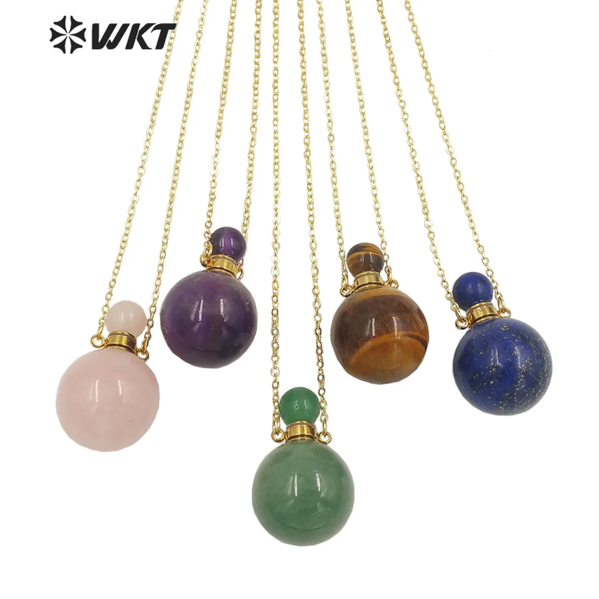 

WT-N1442 Amazing Fashion Round Ball Bottle For Essencial Oil Unisex Natural High Polish Stone Perfume Bottle Necklace