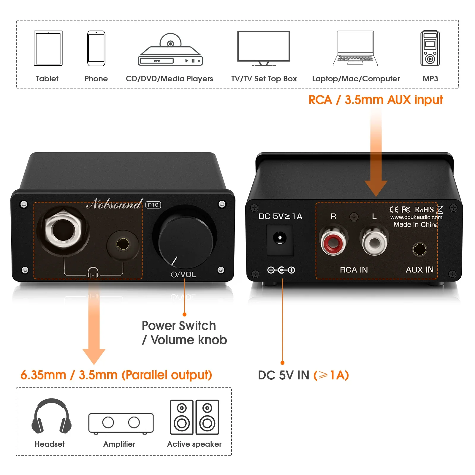 Douk Audio P10 Desktop Class A Headphone Amplifier HiFi Stereo Headset Home Amp for 3.5mm/6.35mm Headsets