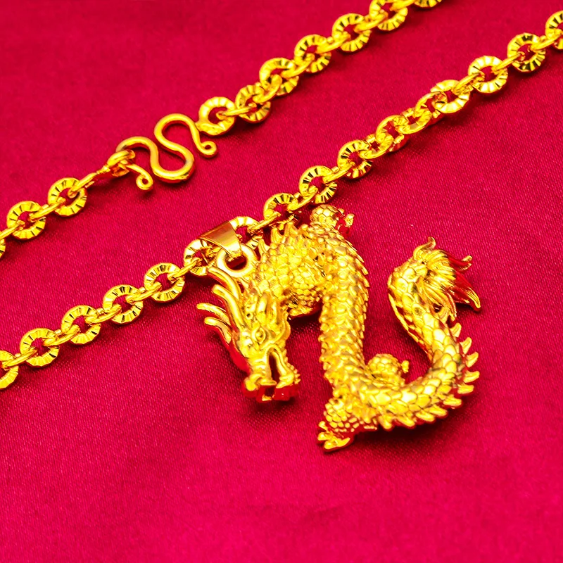 

Men's 24K Gold (AU999) Overbearing Dragon Year Necklace | Gold-washed faceted dragon, filigree lotus with moonstone