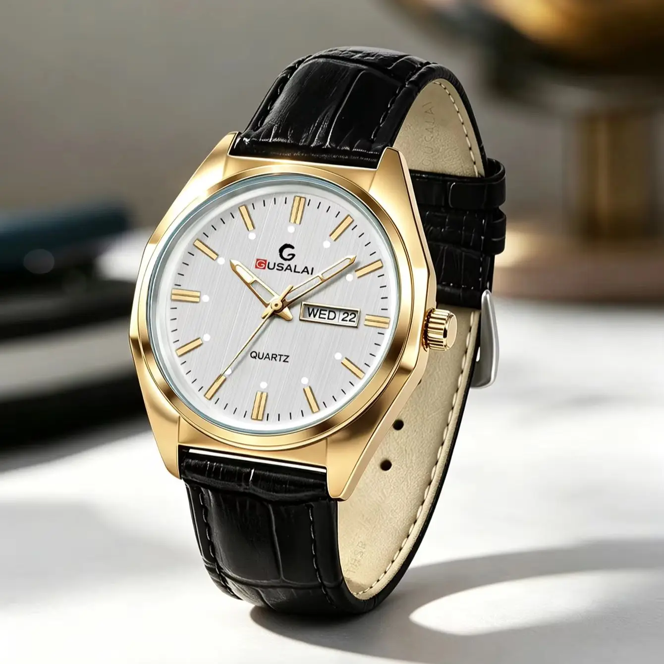 GUSALAI Men's Quartz Wrist Watch, Minimalist Casual Analog Dress Watch, Genuine Leather Strap, Fashion Holiday Gift for Husband