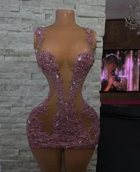 Sweet  Rose Gold Short Prom Dress for Women 2024 See Through Lace Crystal Black Girl Birthday Homecoming Party Gown