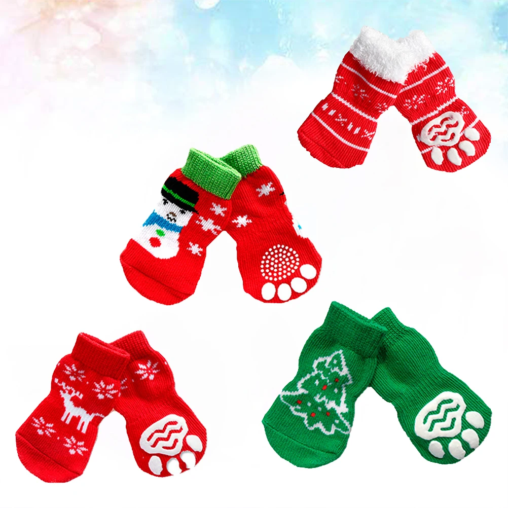 

4pcs Christmas Pet Socks Dog Cat Non Slip Warm Cotton Snowman Deer Snowflake Tree Design Anti Slip Paw Protection For Dogs Cats