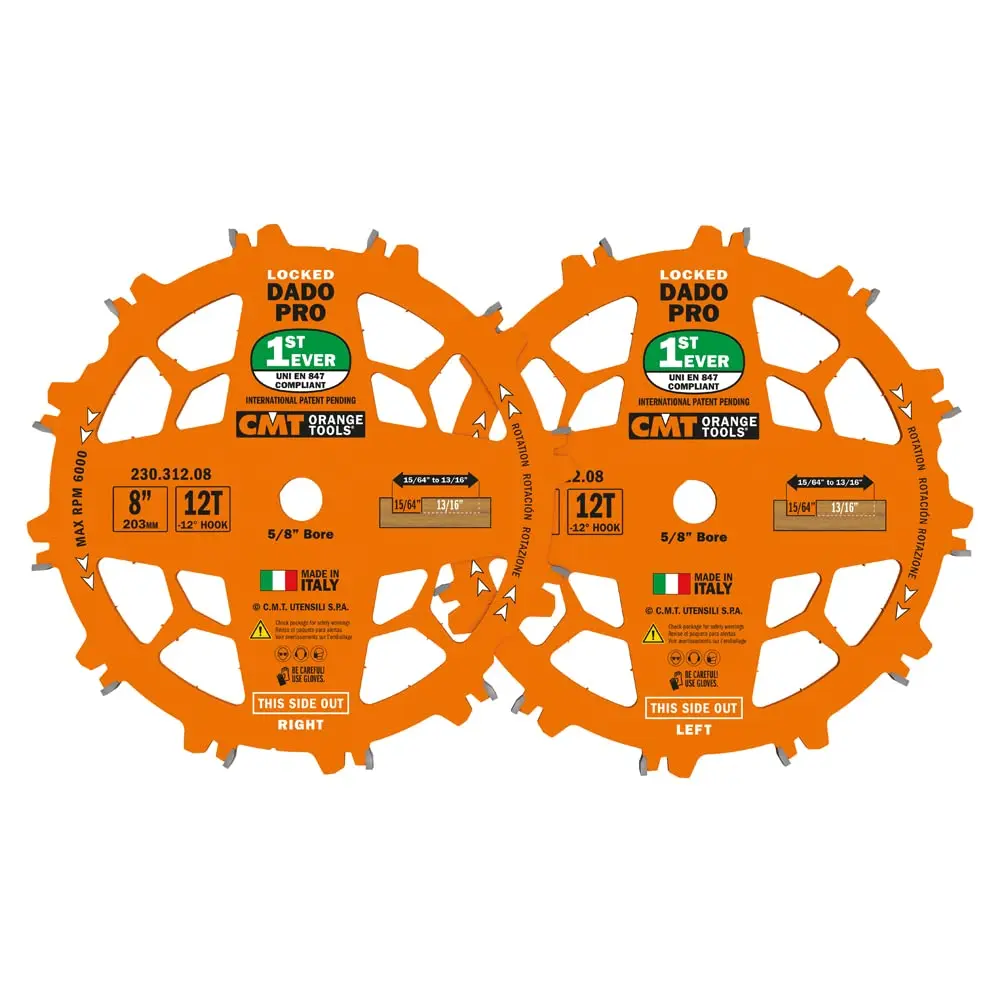 230.312.08 DADO Set Saw Blade HW D=8” B=5/8” Z12 FTG+ATB Orange PTFE