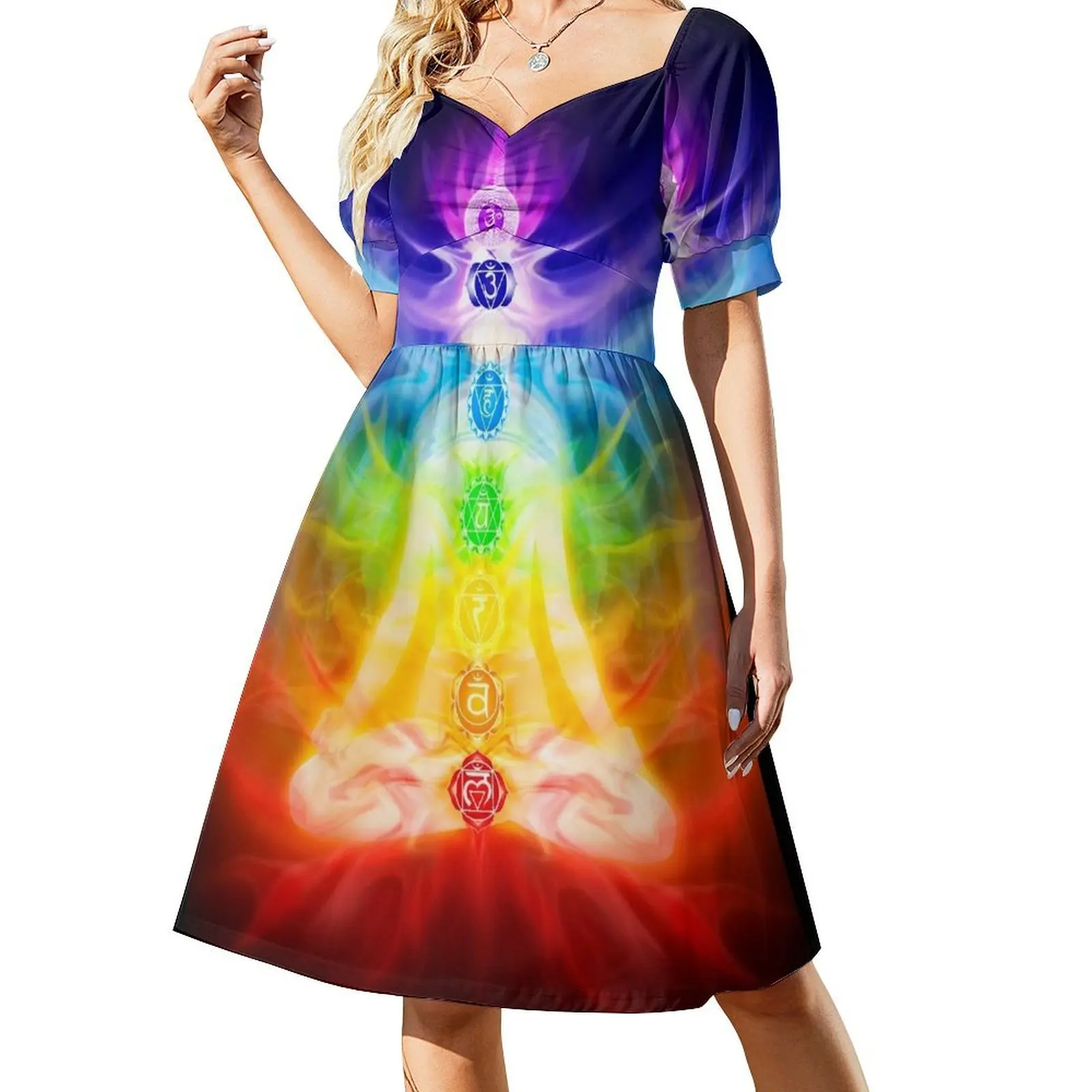 Chakras and energy flow on human body art photo print Short Sleeved Dress luxury woman evening dress Party dresses Dress