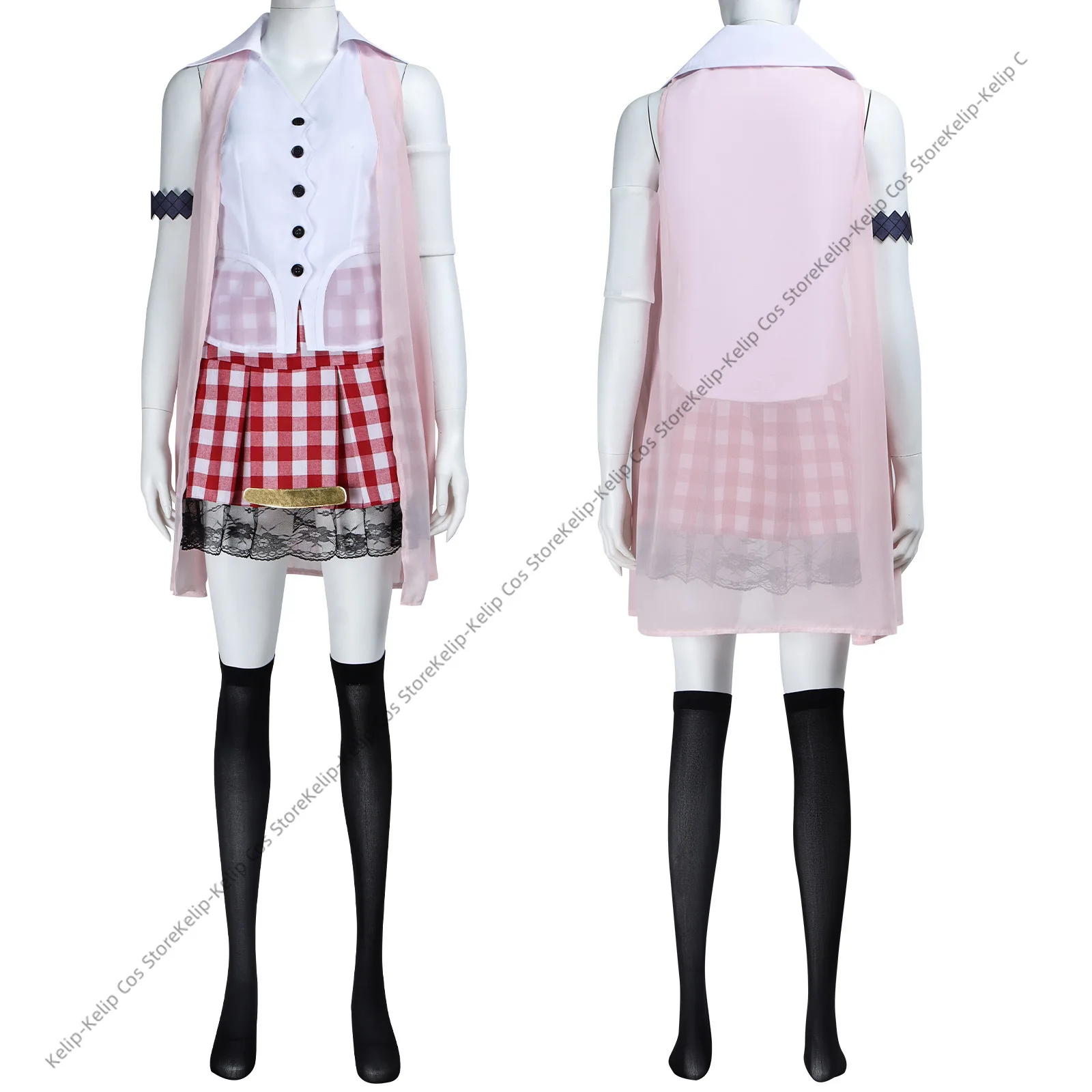 Juego Final Fantasy XIII ‌   Disfraz de Serah Farron, chal rosa, falda de rejilla, peluca, mujer adulta, traje de ocio diario bonito y Sexy